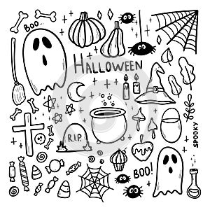 Halloween vector doodles set. Hand drawn illustration for All Saints' Eve day. Simple decoration