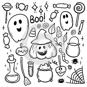 Halloween vector doodles set. Hand drawn illustration for All Saints' Eve day. Simple decoration