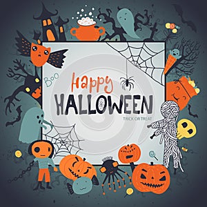 Halloween vector frame, poster or greeting card with cute cartoon characters