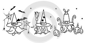 Halloween vector gnome in hat with candy, rabbit, bat, spider web, candleand beard. Set vector Holidays greeting card.