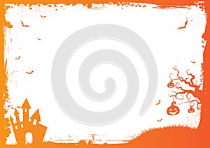 Halloween vector gradient orange background with grunge border, bat, pumpkin