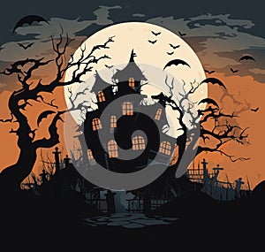 Halloween vector graveyard scene. Haunting nightmare hallowen background, cartoon horror castle scenery scary ghost at