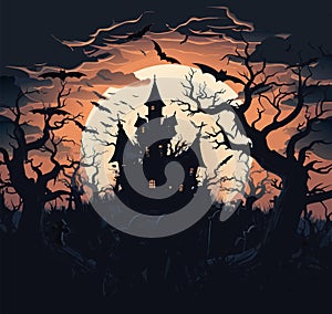 Halloween vector graveyard scene. Haunting nightmare hallowen background, cartoon horror castle scenery scary ghost at