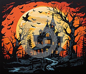 Halloween vector graveyard scene. Haunting nightmare hallowen background, cartoon horror castle scenery scary ghost at