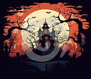 Halloween vector graveyard scene. Haunting nightmare hallowen background, cartoon horror castle scenery scary ghost at