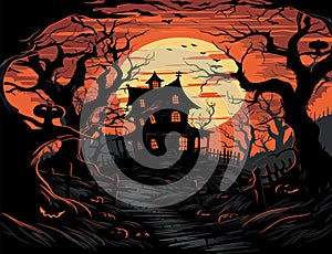 Halloween vector graveyard scene. Haunting nightmare hallowen background, cartoon horror castle scenery scary ghost at