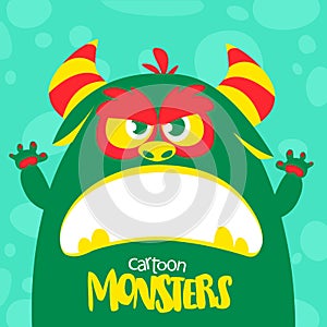 Halloween vector green and slimy monster with big teeth and mouth opened wide isolated