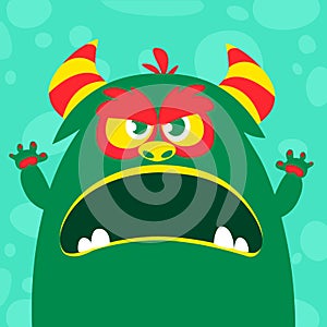 Halloween vector green and slimy monster with big teeth and mouth opened wide isolated