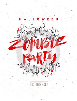 Halloween hand drawn illustration. Zombie party poster or flyer. Jaws of a monster and brush calligraphy headline.