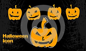 Halloween vector icon illustration, hand drawn. Orange color icon  on a black grunge background.