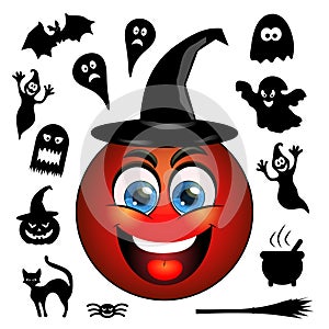 Halloween vector icons. Smiling red emoticon in a black hat.