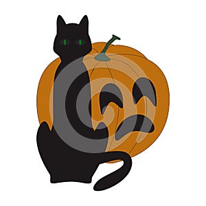 Halloween Vector illustration black cat silhouette and pumpkin on a white background