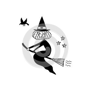 Halloween vector illustration of witch flying on the broom on white background. Drawn by hand spooky vector for halloween