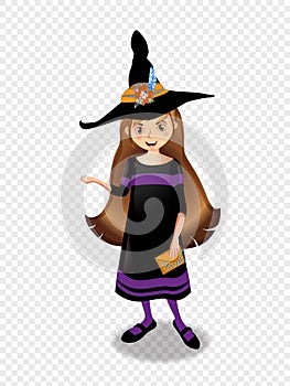 Halloween vector illustration of young witch girl with brown hair on transparent background.