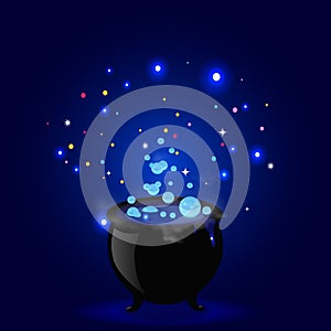 Halloween vector illustration of witch pot with boiling potion, sparkles on blue background.