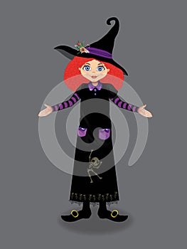 Halloween vector illustration of young witch with curly ginger