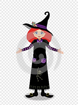 Halloween vector illustration of young witch girl with ginger hair on transparent background.