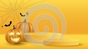 Halloween vector minimal 3d scene for display your product. 3d vector emotional cartoon pumpkin with spider web and black bats.