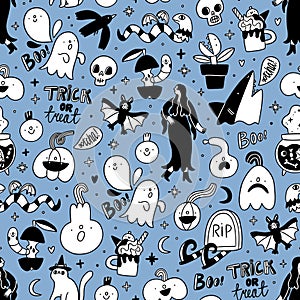 Halloween vector pattern black and white on blue background