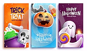 Halloween vector poster set design. Happy halloween text with characters of pumpkins, skull and ghost for spooky trick or treat.