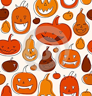 Halloween vector seamless pattern with angry pumpkins. Decorative drawn background with funny drawing pumpkins.