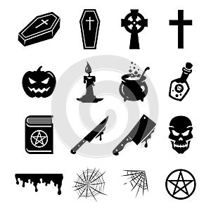 Halloween vector set. Black silhouettes and icons of elements and decorations.