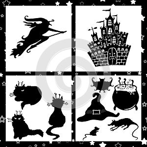 Halloween vector set with black silhouettes, vector illustration.