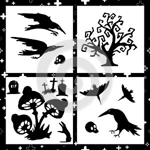 Halloween vector set with black silhouettes, vector illustration.