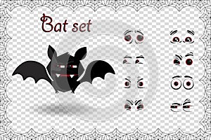 Halloween vector set of cute cartoon bat character for creation emotions on transparent background