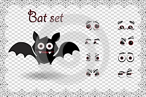 Halloween vector set of cute cartoon bat character for creation emotions on transparent background