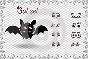 Halloween vector set of cute cartoon bat character for creation emotions on transparent background