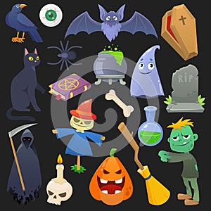 Halloween vector spooky pumpkin scary ghost cat or horror zombie illustration set of cartoon spider skull and bat
