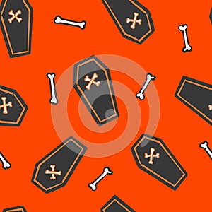 Halloween vector toss pattern with black coffins and bones on orange