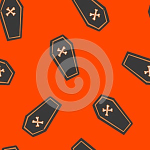 Halloween vector toss pattern with black coffins on orange