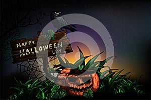 Halloween vertical background with pumpkin on full moon. Flyer o