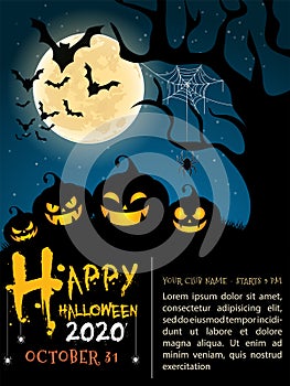Halloween vertical background with pumpkin, haunted house and full moon. Flyer or invitation template for Halloween party. Vector