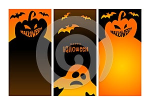 Halloween vertical banners. Jack olantern, pumpkin and bat. Mobile display, stories sale templates social media, with copy space. photo