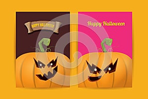 Halloween vertical cartoon posters set with Halloween scary pumpkins . Funky kids Halloween background with space for