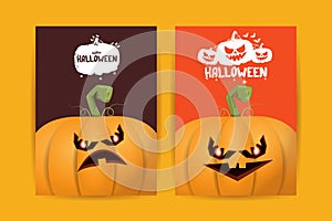 Halloween vertical cartoon posters set with Halloween scary pumpkins . Funky kids Halloween background with space for