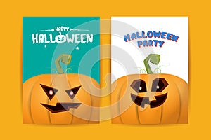 Halloween vertical cartoon posters set with Halloween scary pumpkins . Funky kids Halloween background with space for