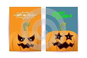 Halloween vertical cartoon posters set with Halloween scary pumpkins . Funky kids Halloween background with space for