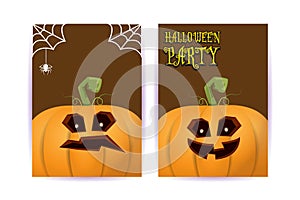 Halloween vertical cartoon posters set with Halloween scary pumpkins . Funky kids Halloween background with space for