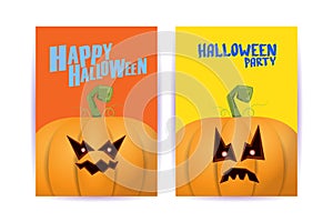 Halloween vertical cartoon posters set with Halloween scary pumpkins . Funky kids Halloween background with space for