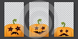 Halloween vertical cartoon stories set with Halloween scary pumpkins. Funky kids Halloween background with space for