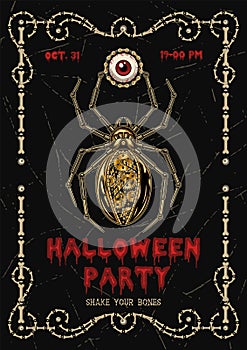 Halloween vertical poster with metallic spider, human red eye, frame of bones, bloody text Halloween Party photo