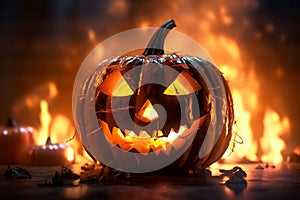 Halloween vibes intensified, close-up view of glowing orange jack-o-lantern