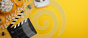 Halloween virtual experience movie night banner concept, yellow background, 3d rendering photo