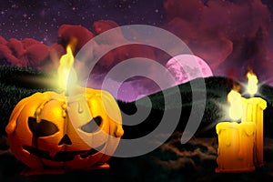 Halloween vivid creepy night texture - pumpkin candle on left and two candles on the right, holiday concept - background design