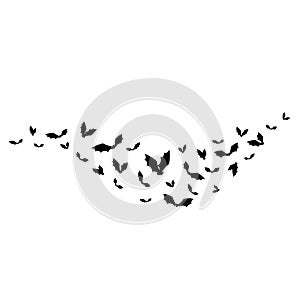 Halloween wallpaper with black flying bats on white background. wavy path. Flat illustration.