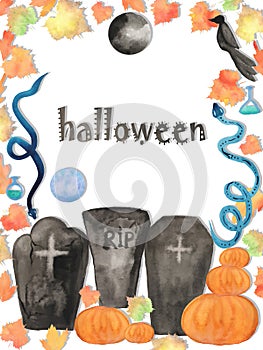 Halloween watercolor autumn background of pumpkin, potions, full moon, headstones, crystal ball, crow and snakes hand drawn